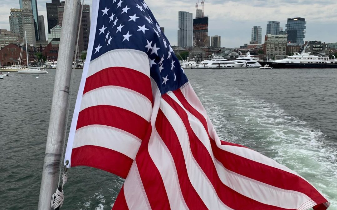 Beautiful night in Boston #bostonharbor #flag #northendboston #photographer #raw #bostonskyline #nohumidity #coolbreeze #friends #schoolsoutforsummer